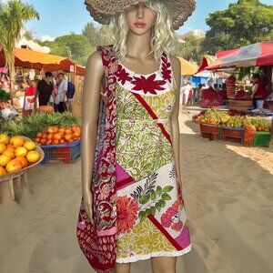 Colorful floral boho embroidered sleeveless multi print cotton summer dress M